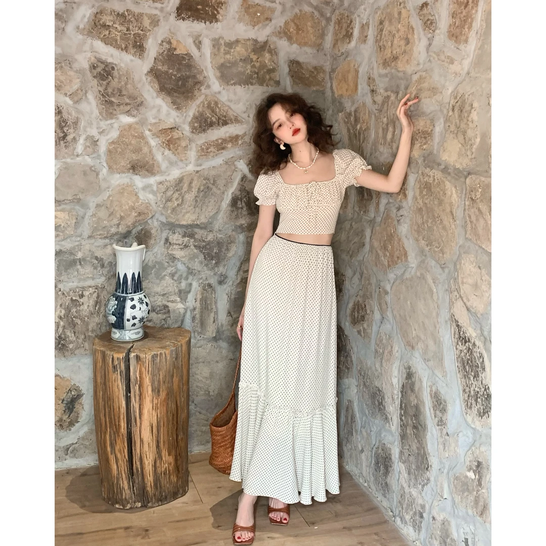 酒午自制法式复古高腰波点半身裙女夏新款撞色气质长裙KLF3189