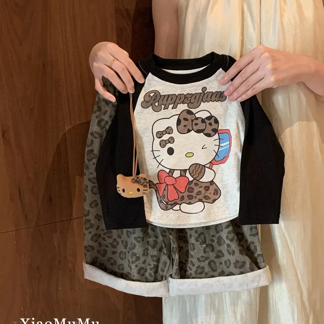 女童洋气套装秋装2025新款长袖女宝宝长袖上衣豹纹阔腿裤两件套潮