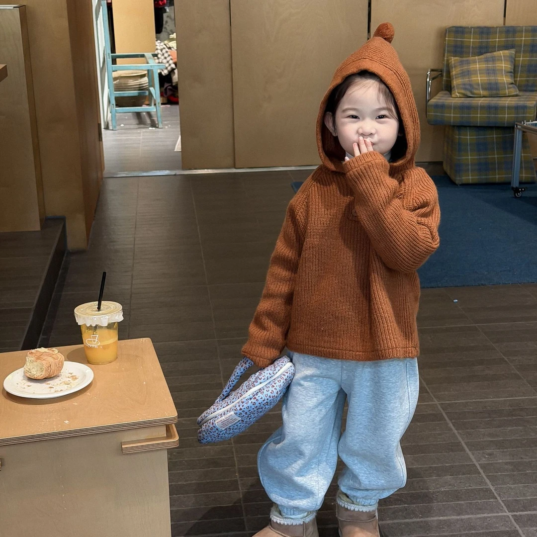 2025冬季新款童装韩版 男女童可爱帽子加厚毛衣双层加厚毛衣 裤子