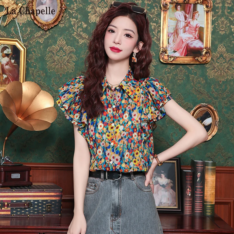 拉夏贝尔复古港风碎花洋气衬衫女夏季设计感百搭气质减龄短袖上衣