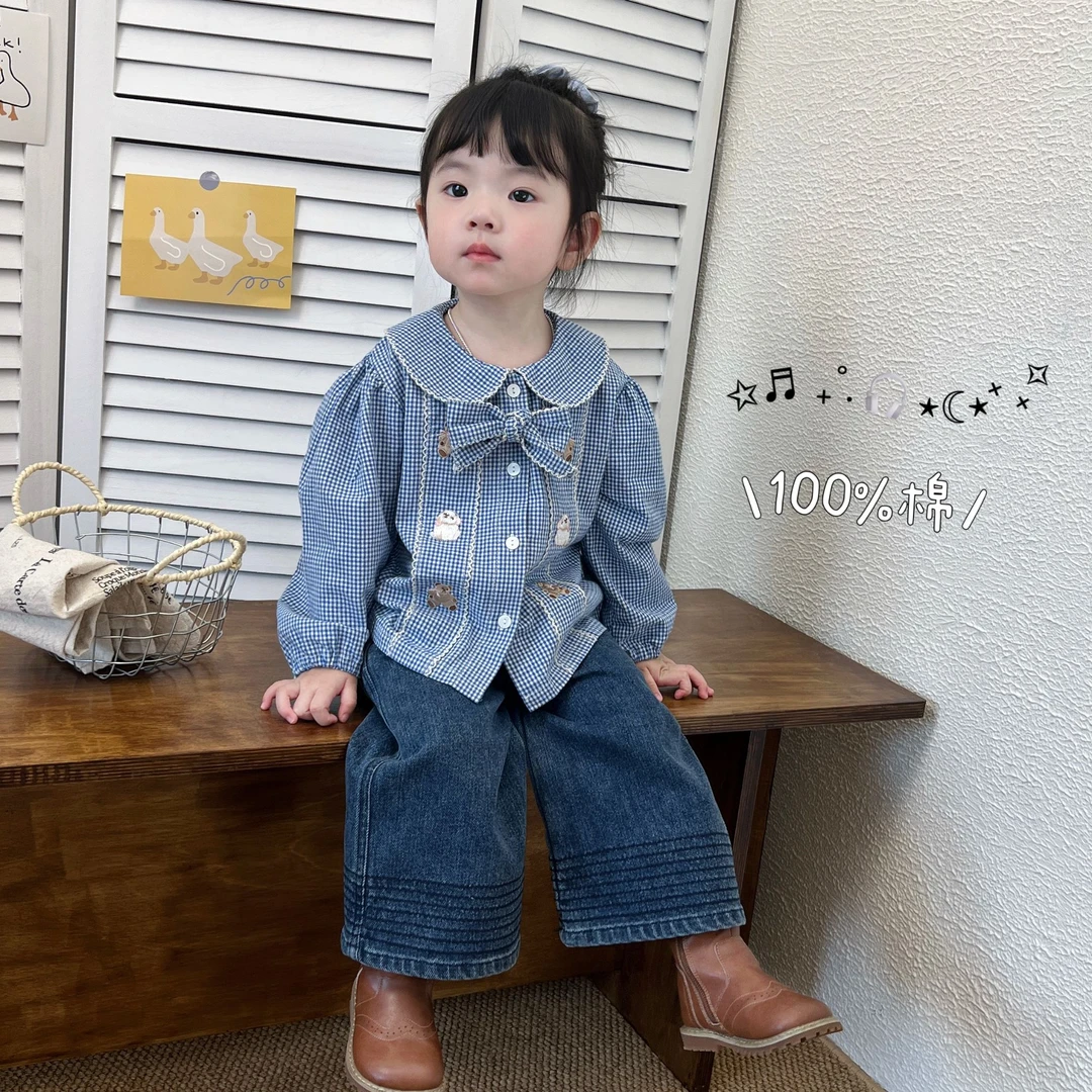 Q2519CS格子卡通衬衫鱼子酱品牌女童童装