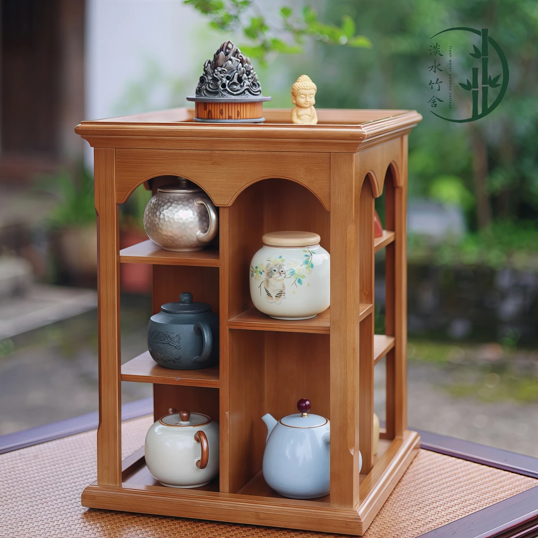 「朝暮」旋转收纳架精品竹制壶架杯架展示架茶道茶壶中式茶具储物架