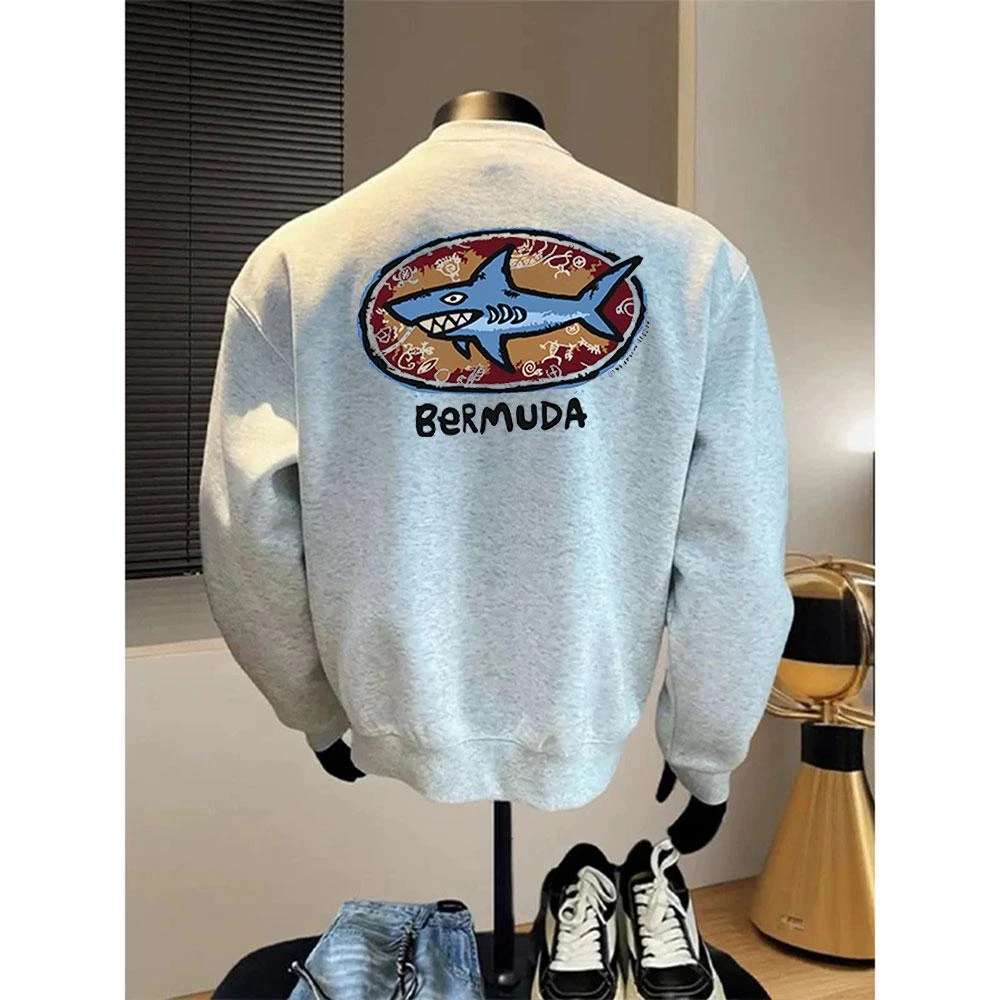 美式潮牌圆领套头卫衣男秋冬大鲨鱼印花长袖保暖上衣男士