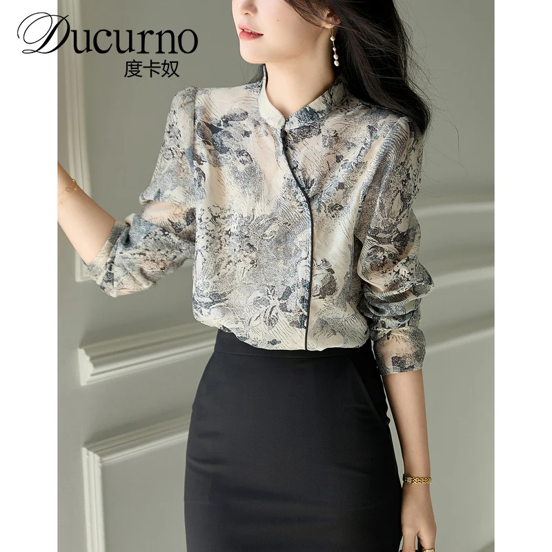 江南水墨国风衬衫2025春夏新款半高领国潮通勤立体印花衬衣女上衣