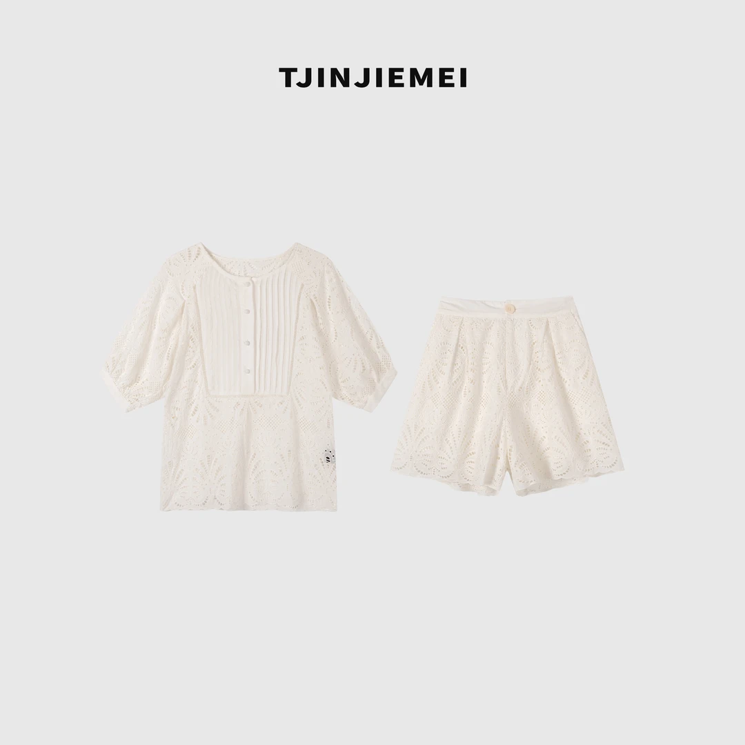 【T井姐妹 】设计感气质休闲夏季宽松镂空白色套装TZ2505-8163