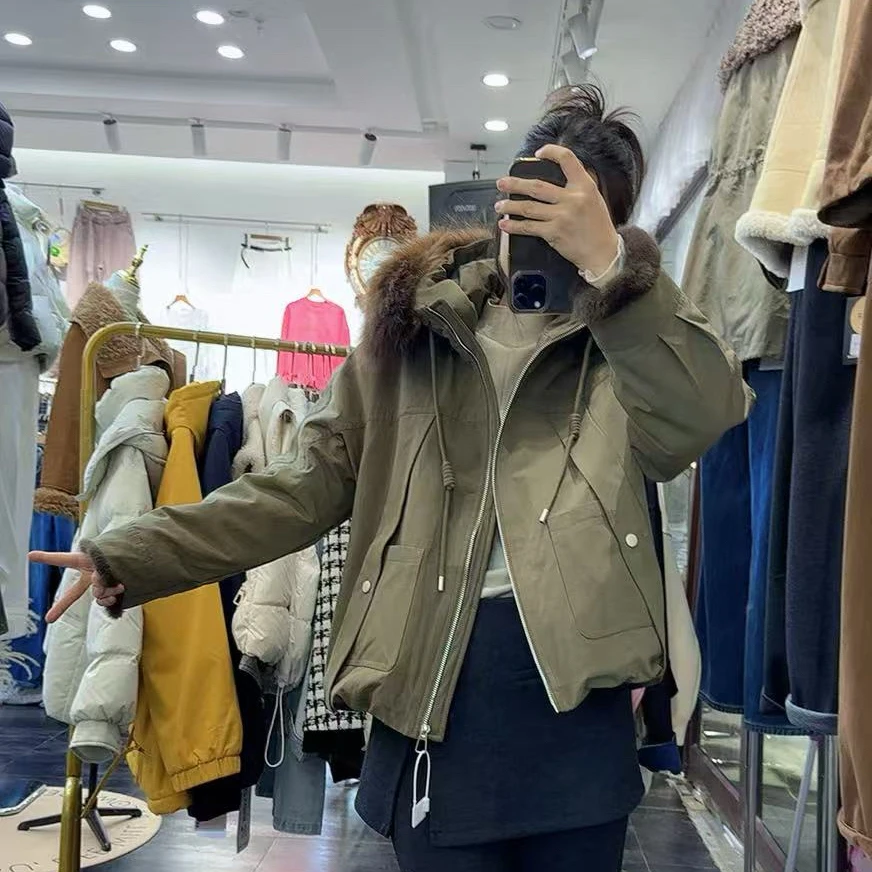 秋冬新款大毛领加绒加厚派克服外套上衣二棉棉衣女休闲气质高档潮
