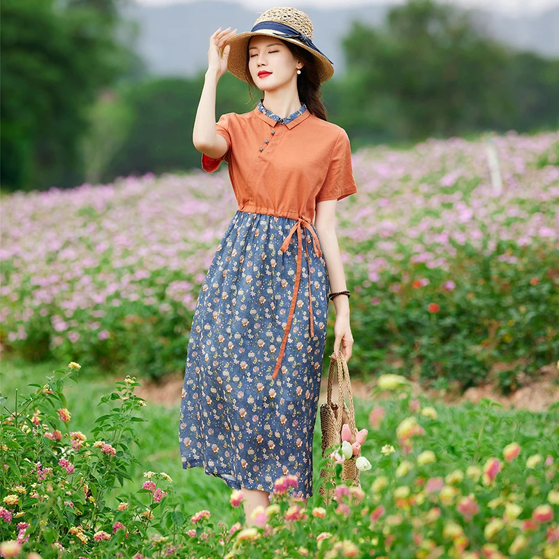 棉麻拼接连衣裙女2025夏季新款复古文艺宽松显瘦碎花气质洋气裙子