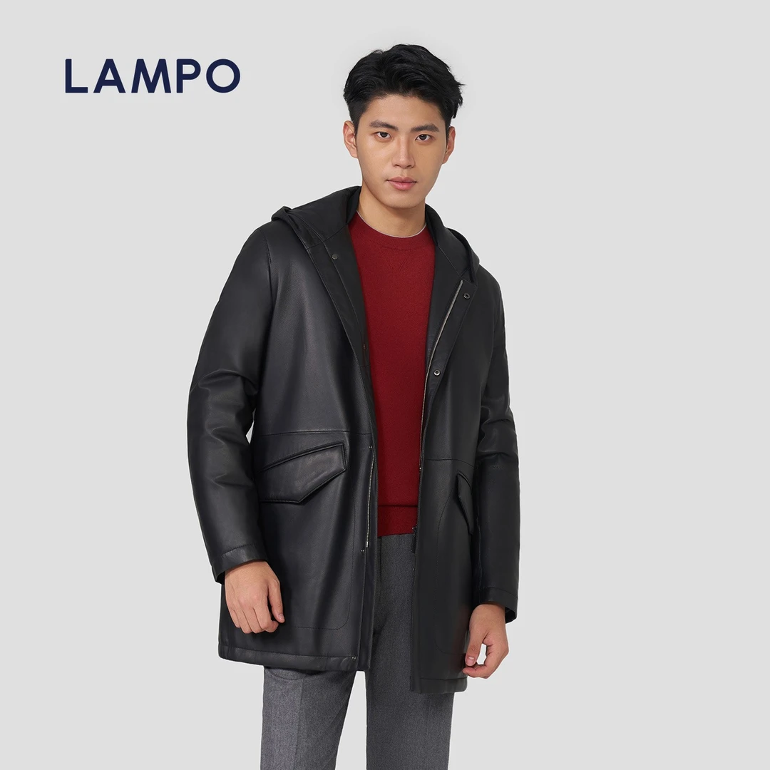 LAMPO/蓝豹潮牌【绵羊皮革】90白鹅绒中长款男士皮羽绒薄款真皮