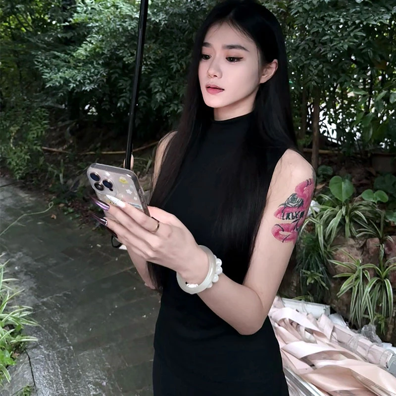 港风复古半高领无袖背心t恤女夏弹力修身显身材基础百搭上衣