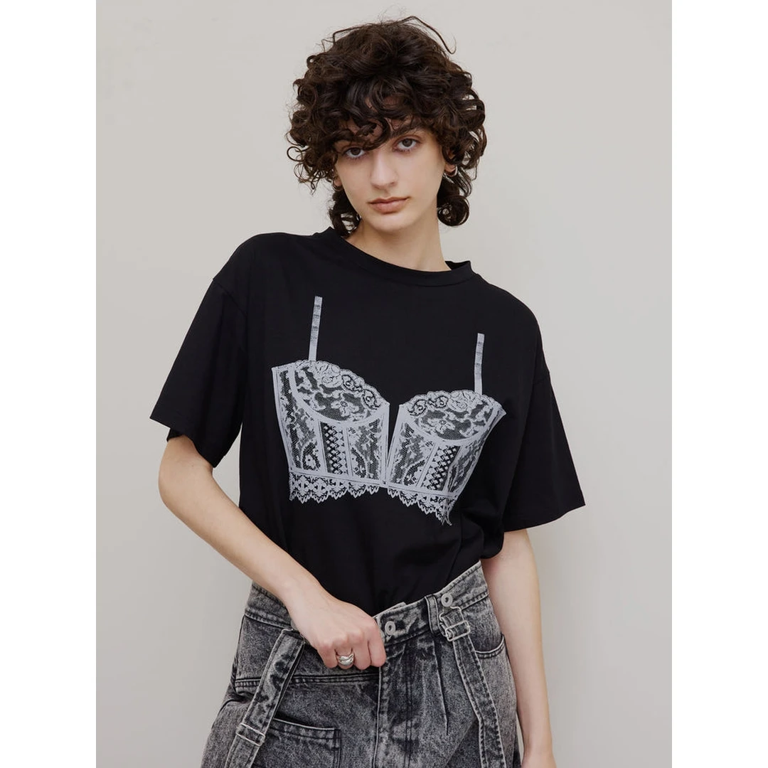 【Montendre】代 夏季新款 蕾丝印花胸衣装饰百搭上衣短袖宽松T恤
