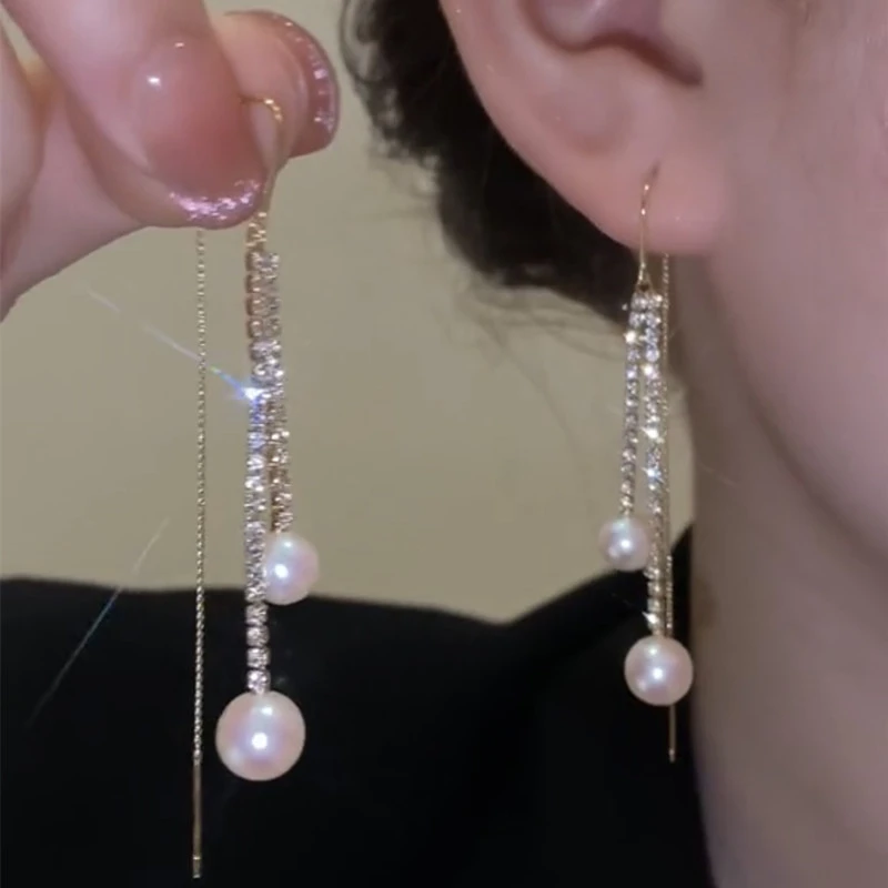 超仙气质长版镶钻流苏耳炼链女时尚银针耳针耳环百搭显脸瘦耳饰