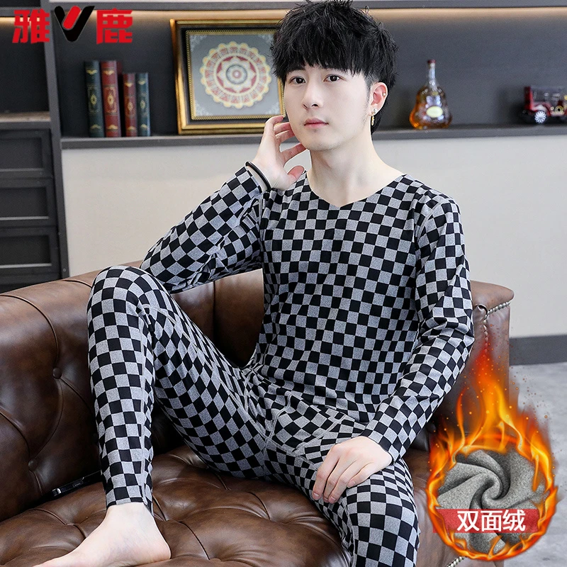 雅鹿德绒棋盘格V领无痕保暖内衣男双面磨毛冬季防寒秋衣秋裤套装