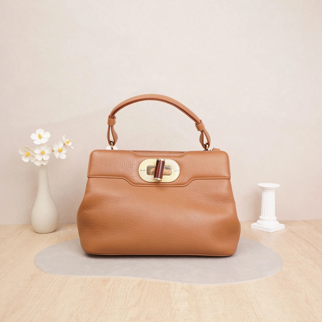 95新 BVLGARI/宝格丽 伊莎贝拉中古手提包中号焦糖色牛皮DS024991