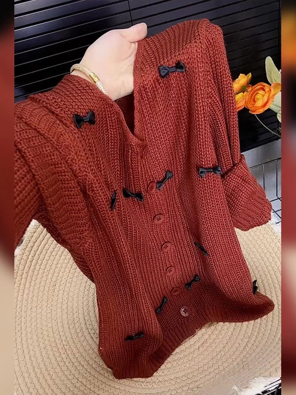 韩版高级感红色V领蝴蝶结装饰针织开衫女2025秋新款休闲减龄上衣