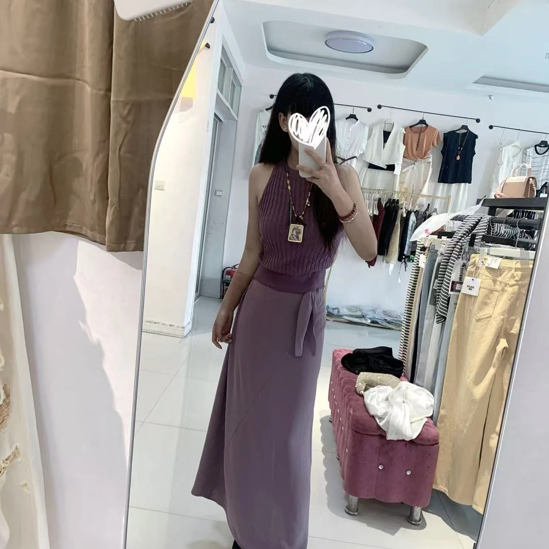 千金清冷感紫色无袖背心搭配气质半身裙绝美夏装