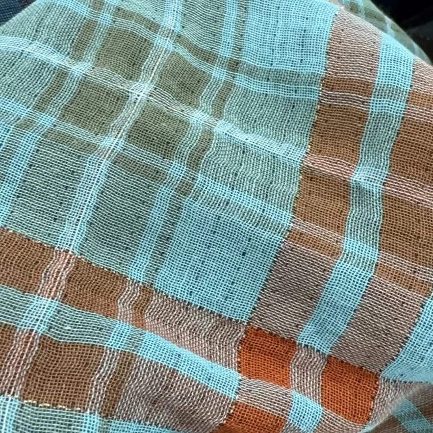 棉加金属丝 双层棉纱蓝绿色格纹 布料服装 面料幅宽154厘米160G/M