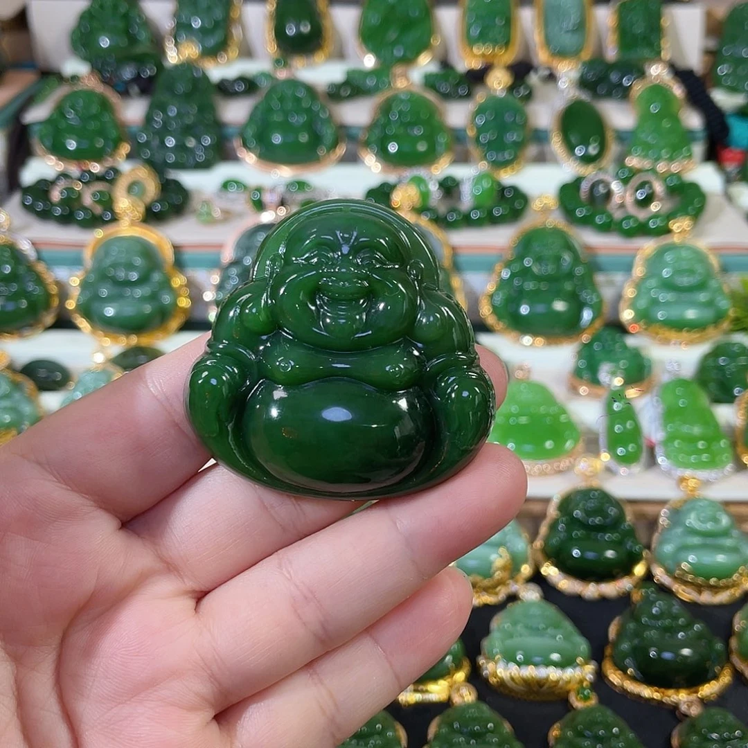 和田玉（碧玉）18K金镶嵌颈饰辣绿佛公50