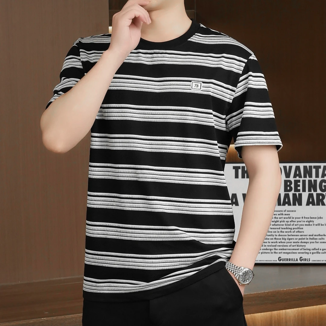 2025春夏新款短袖上衣T恤圆领条纹时尚百搭潮流高品质休闲男士