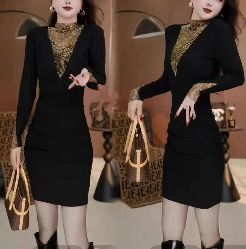 新wss女装-2025冬新款时尚轻奢气质百搭重工烫钻连衣裙