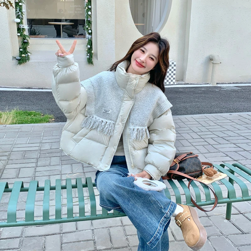 设计感针织拼接羽绒服2025冬季新款韩版极简穿搭学院风短款面包服