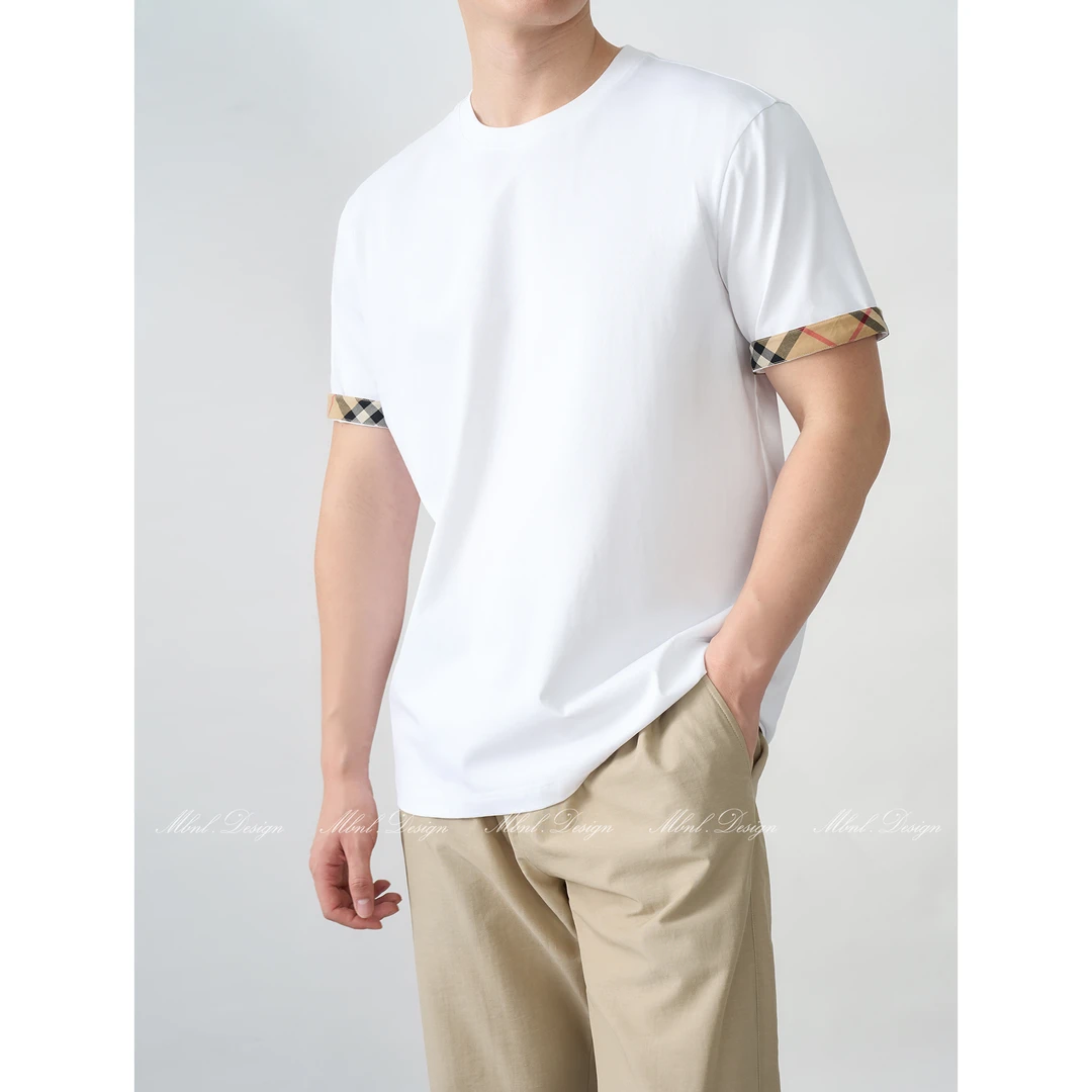 MBNL-F「经纬棱镜」秦磊男装经典格纹撞色袖口短袖T恤LL-WSSY1070