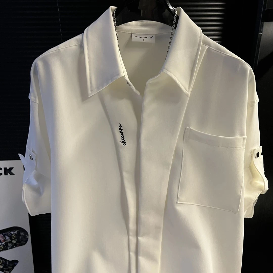 XF-港澳男装修身夏季衬衣高级感痞帅休闲白色衬衫短袖上衣老钱风