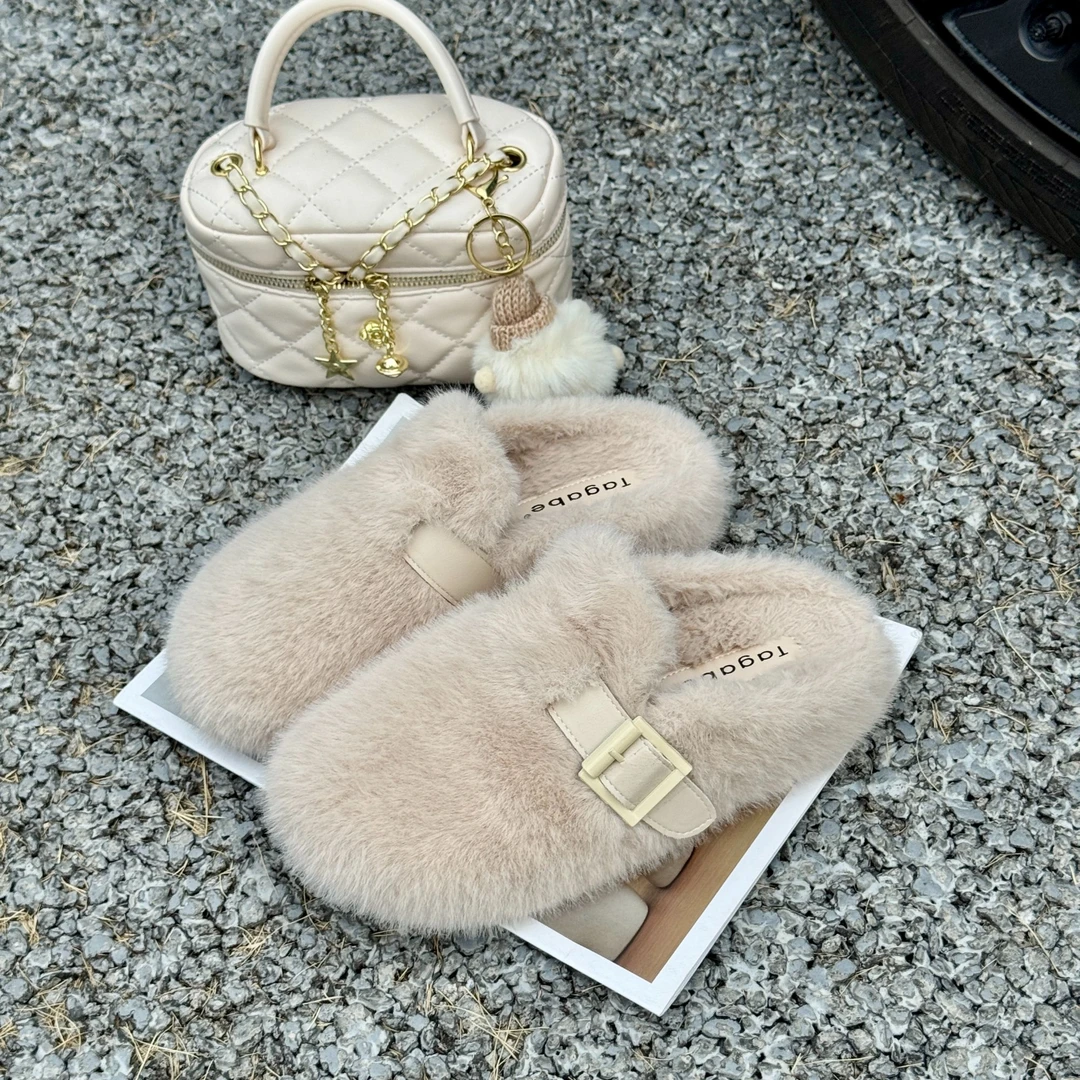 Tagabe中跟包头时尚浅口百搭包头拖毛毛鞋厚底韩版加绒搭扣保暖