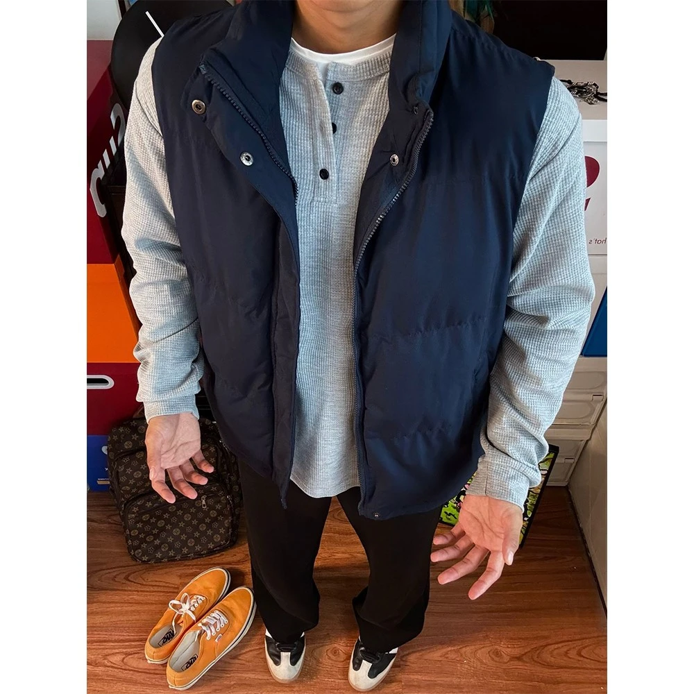 藏青色立领羽绒棉马甲男款冬季加厚保暖无袖坎肩廓形短款棉服外套