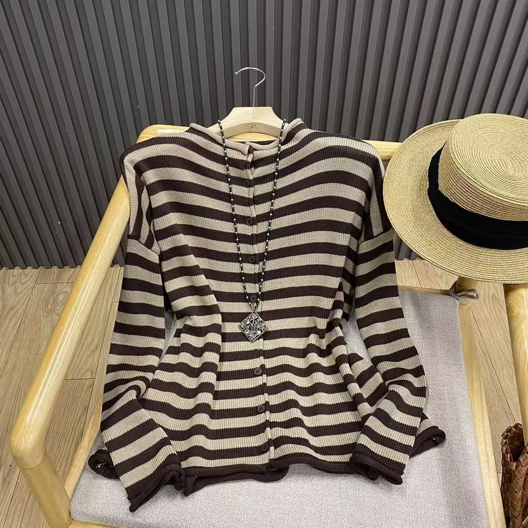 早秋条纹卷边系扣棉线针织开衫复古文艺简约撞色显瘦上衣女Z61913