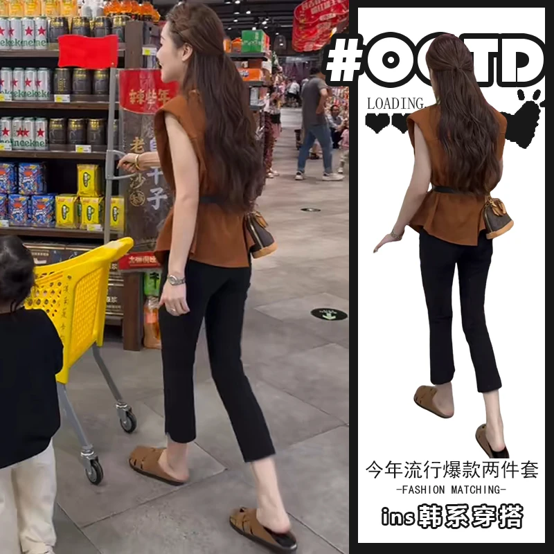 夏季气质显瘦穿搭一整套女2025新款洋气无袖衬衣高腰休闲裤两件套