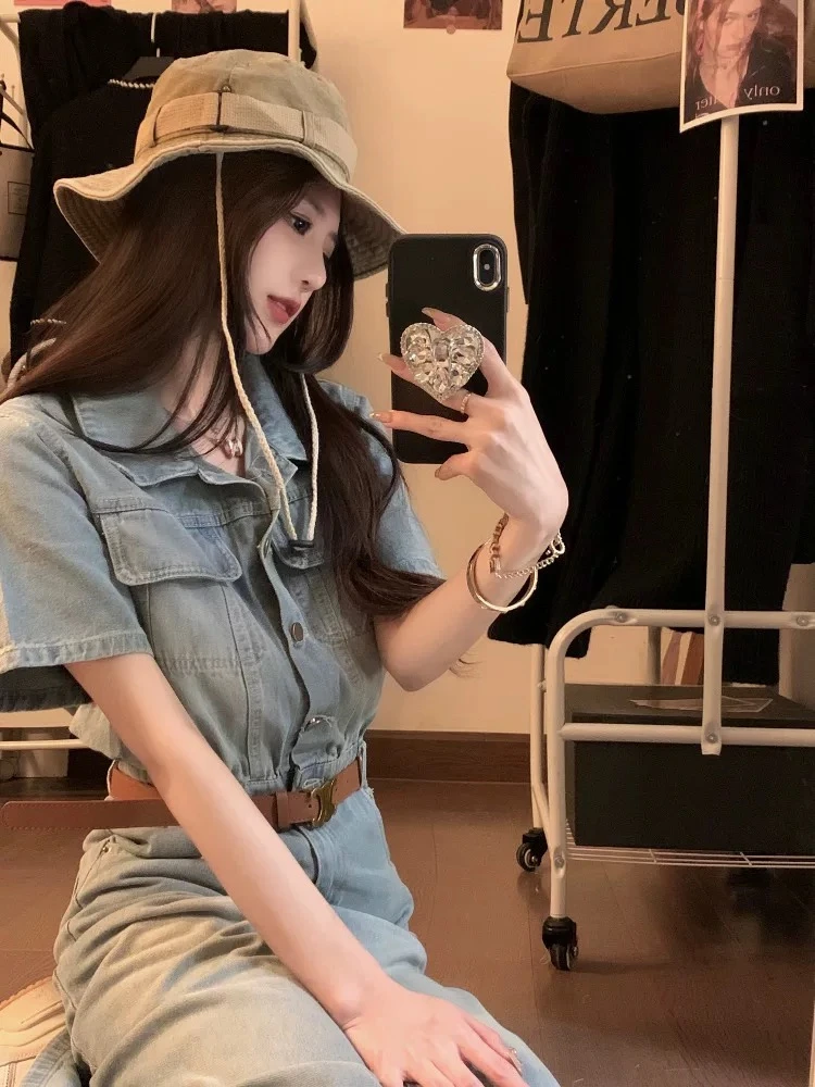 休闲polo领牛仔连衣裙女2025夏季新款港风复古薄款收腰显瘦a字裙