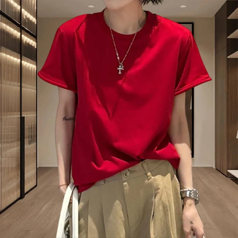 香朵儿时髦小众设计感T恤2025年夏季新款纯色短袖圆领宽松上衣女