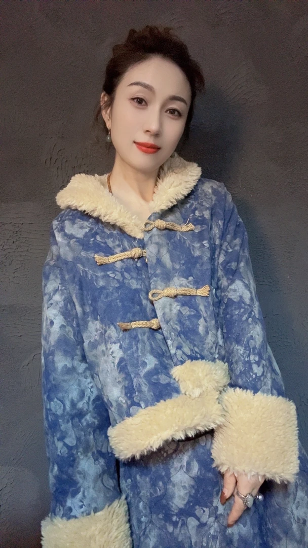 冬季新款蓝色扎染牛仔棉毛毛小立领短棉衣（定制款）