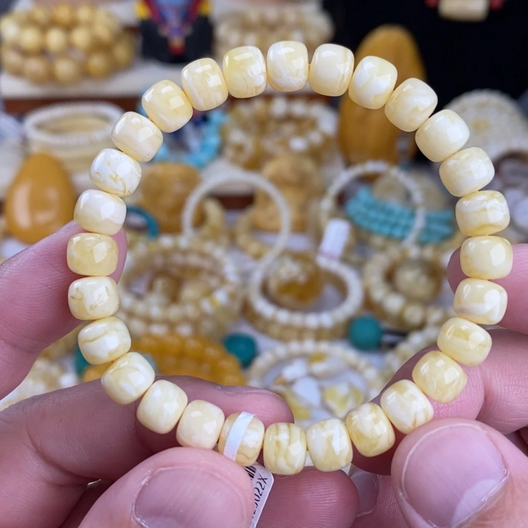 艺***酒蜜蜡未镶嵌手链瓷白细纹虎皮纹8mm