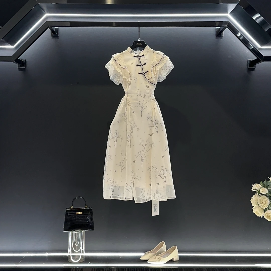 【vian专属】夏季时尚新款气质国风显瘦复古收腰飞飞袖连衣裙L-A808