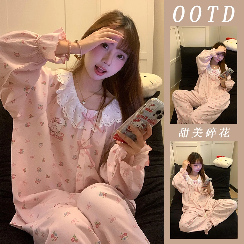 春秋季长袖睡衣女甜美风花边蝴蝶结卡通学生少女可外穿家居服套装