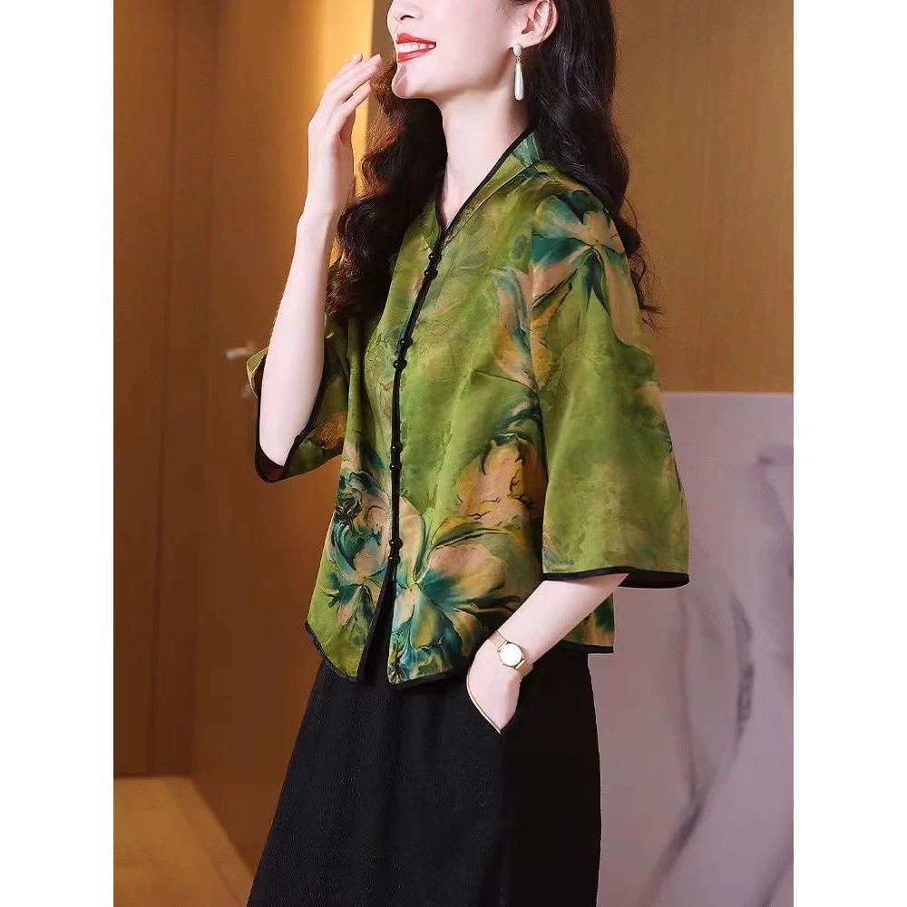 2025春夏新中式印花香云纱真丝上衣女七分袖立领桑蚕丝开衫妈妈装