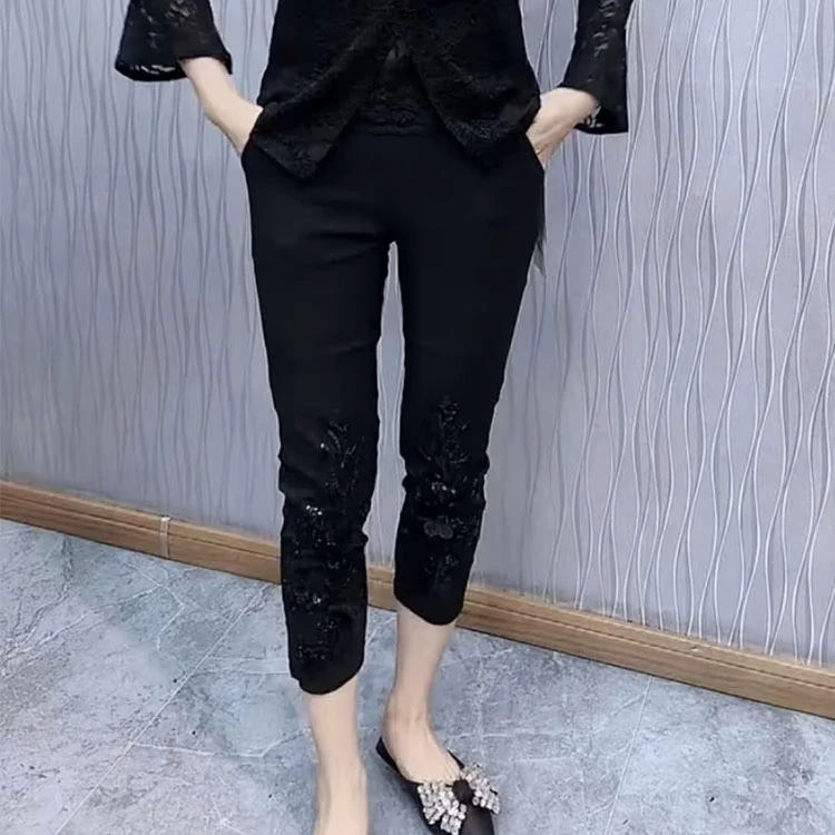 2025夏季新款亮片串珠八分面膜裤小众高级感显瘦洋气薄款烟管裤潮