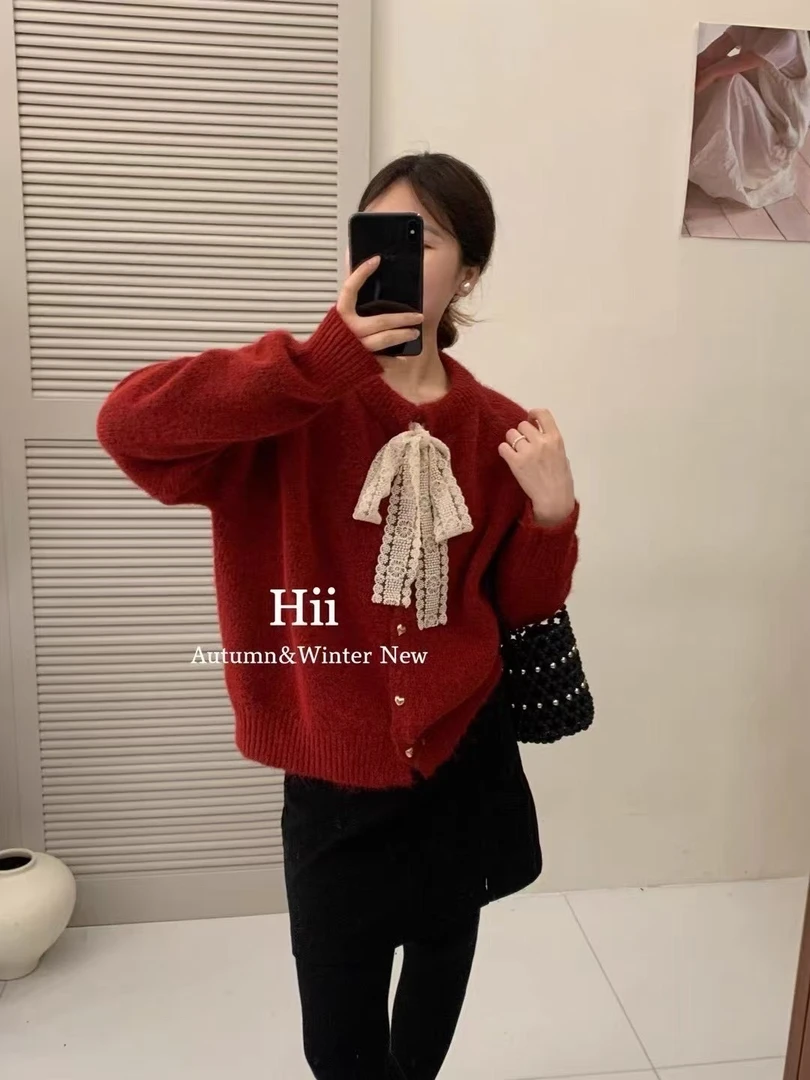 慵懒风蝴蝶结秋冬新款圆领女长袖毛针织衫百搭上衣红色毛衣英伦风