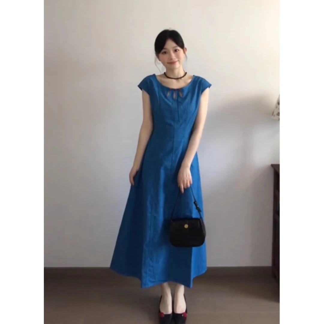 中式复古孔雀蓝短袖连衣裙女夏季新款镂空设计感修身显瘦气质长裙