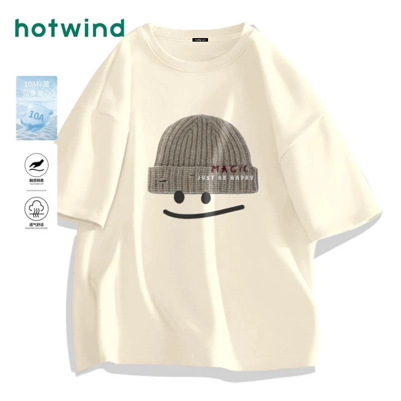 Hotwind/热风2025夏甜美印花短袖T恤女宽松休闲百搭纯棉显瘦气质