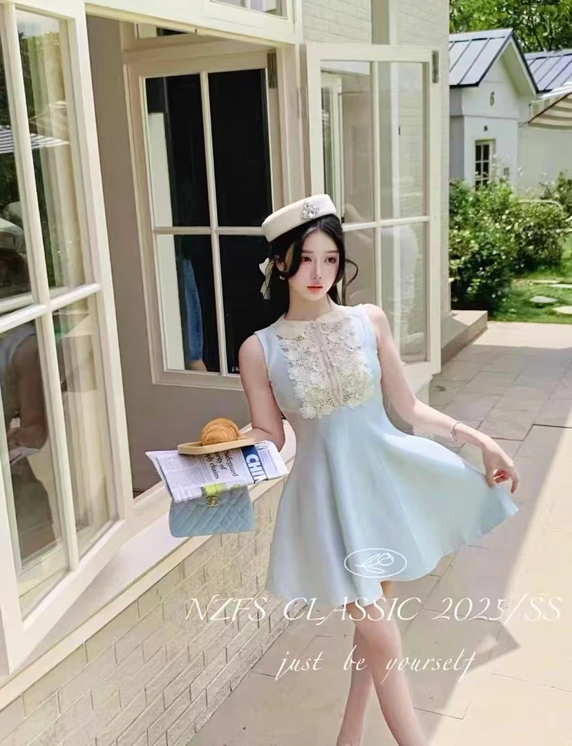 法式千金风娃娃领无袖连衣裙女春2025新款收腰显瘦蕾丝花朵显瘦款