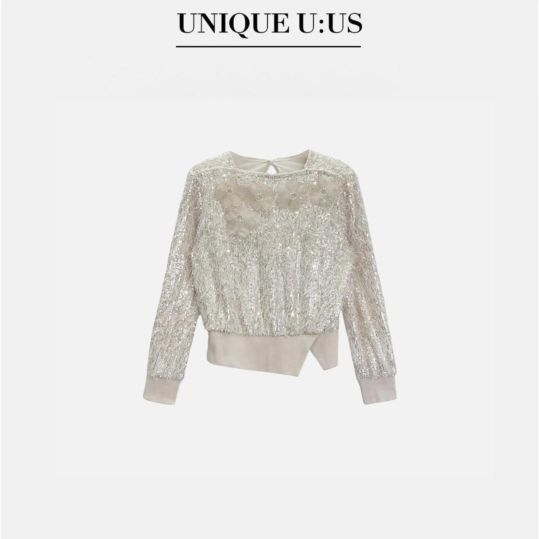UNIQUE U:US【云朵慕斯】圆领宽松时尚亮片气质百搭长袖T恤256821