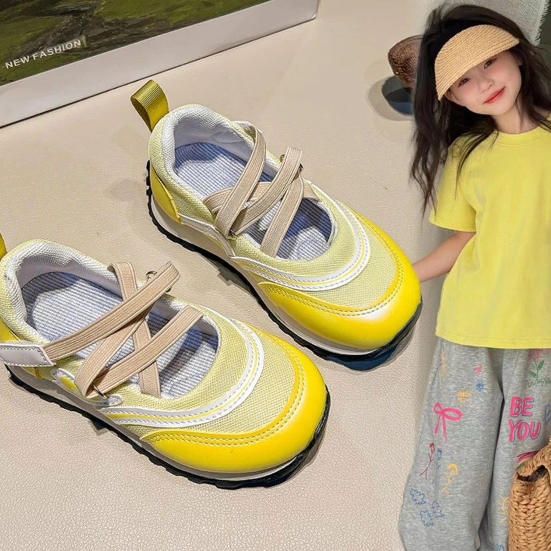 ABC 女童柠檬黄运动凉鞋2025年春秋玛丽珍鞋魔术贴小女孩运动鞋子