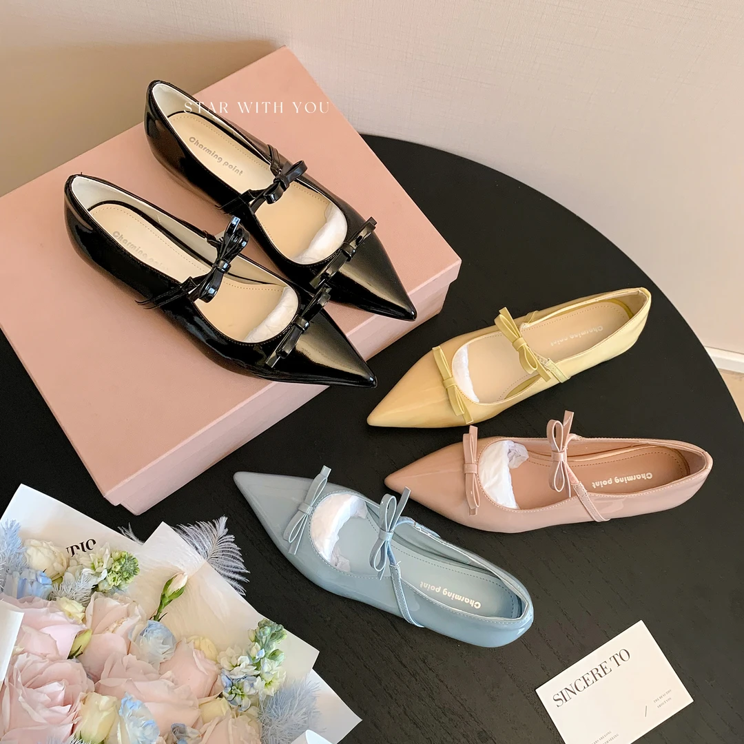 【STAR】【STAR】法式尖头蝴蝶结感温柔甜心漆皮百搭玛丽珍单鞋4CM