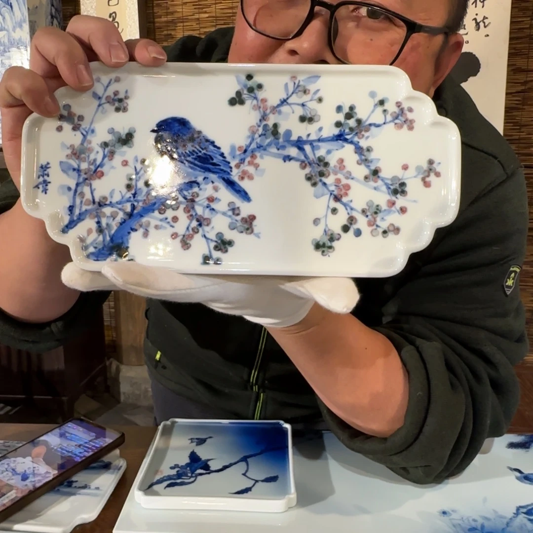 瓷手绘青花釉里红茶盘