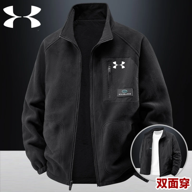 UA撤柜冬季加绒双面穿夹克男士立领工装保暖外套男防风防水外套