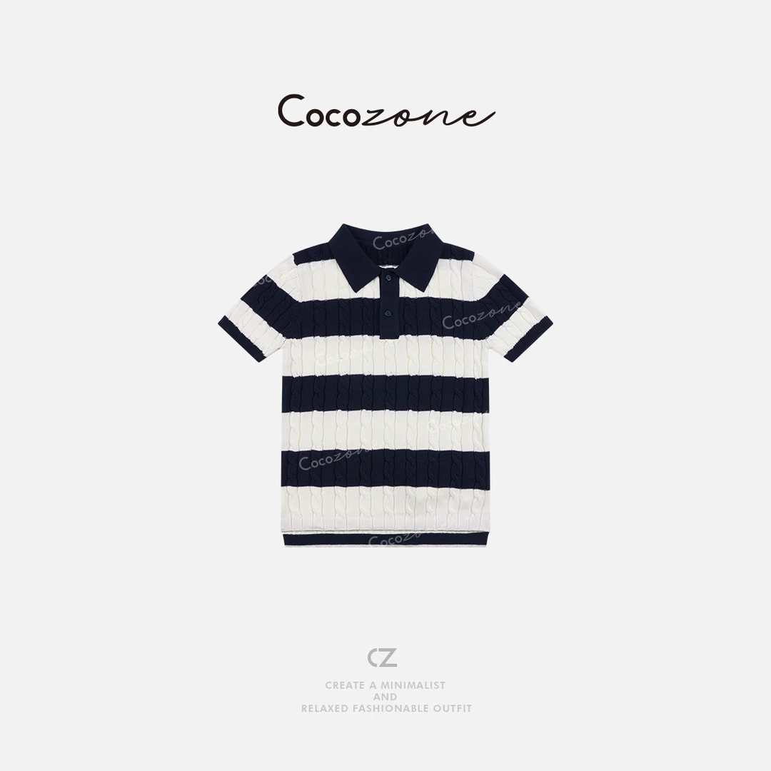 COCO ZONE刘一一 【100棉】条纹麻花翻领短袖毛针织衫ACD2A0263