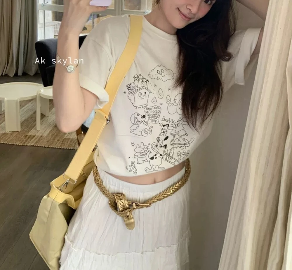 （A.K俱乐部）韩版早春2025新款百搭印花图案减龄圆领套头短袖C664