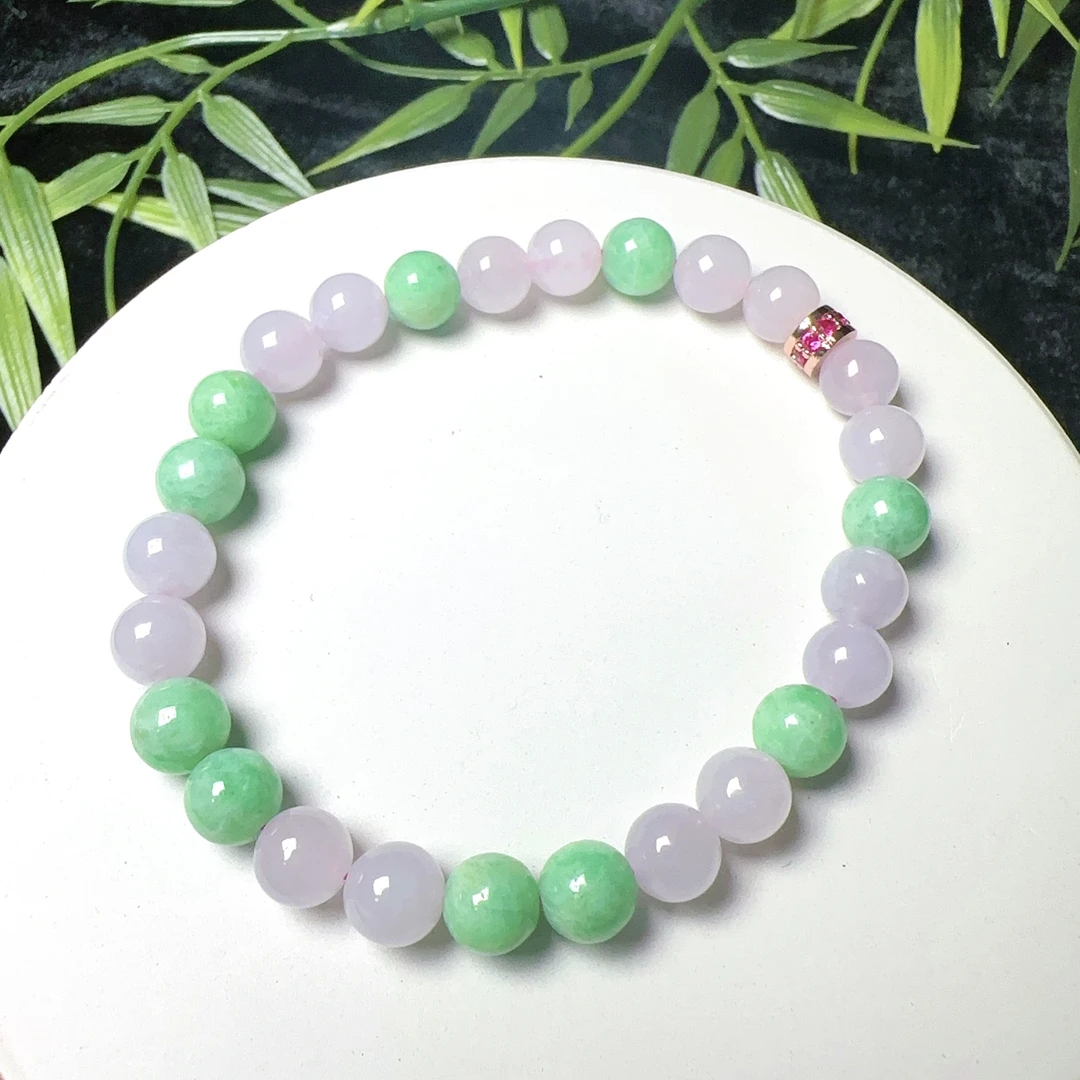 缅甸天然翡翠A货 冰胶紫绿双彩圆珠手链精致时尚百搭女款卡7mm